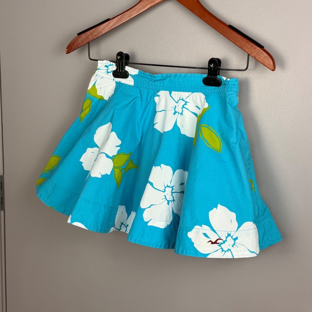 Hollister Skirt Women Small Blue Cotton Floral Tropical Hibiscus Mini Skater - Picture 3 of 11